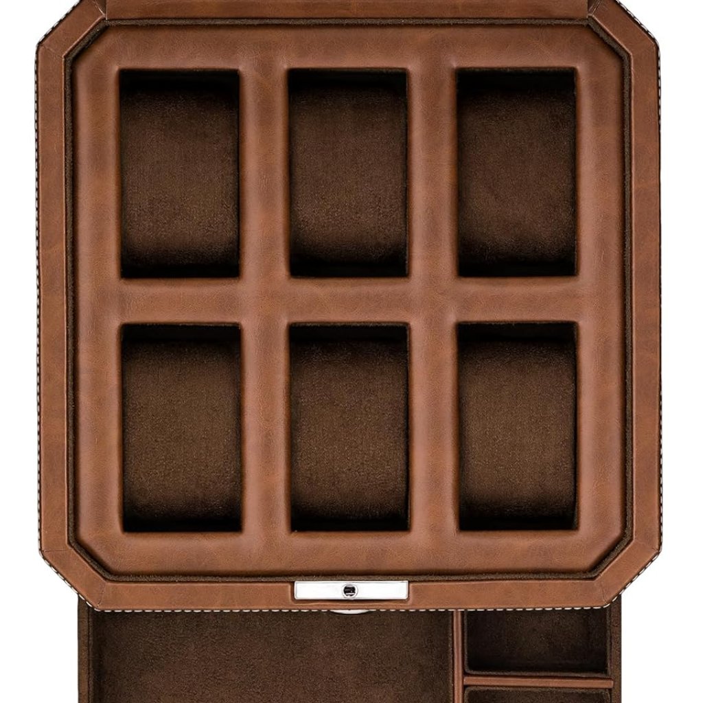 6 Slot Leather Watch Box With Valet Drawer  Luxury Case Display Organizer Micr